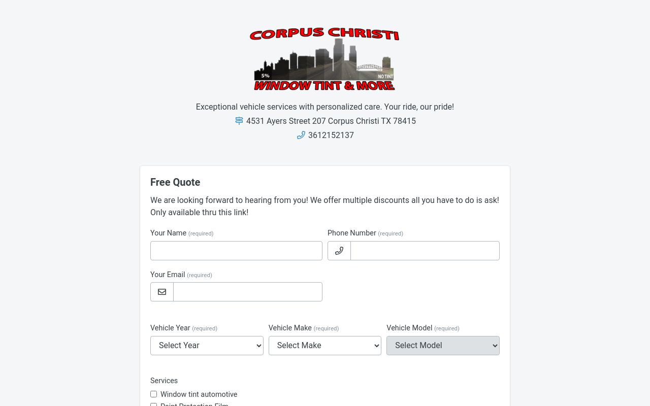 Homepage of Corpus Christi Window Tinting & More LLc's website
