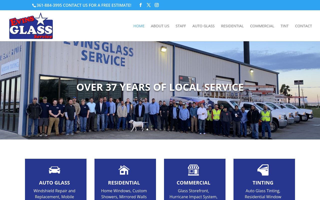 Homepage of Evins Glass Service's website