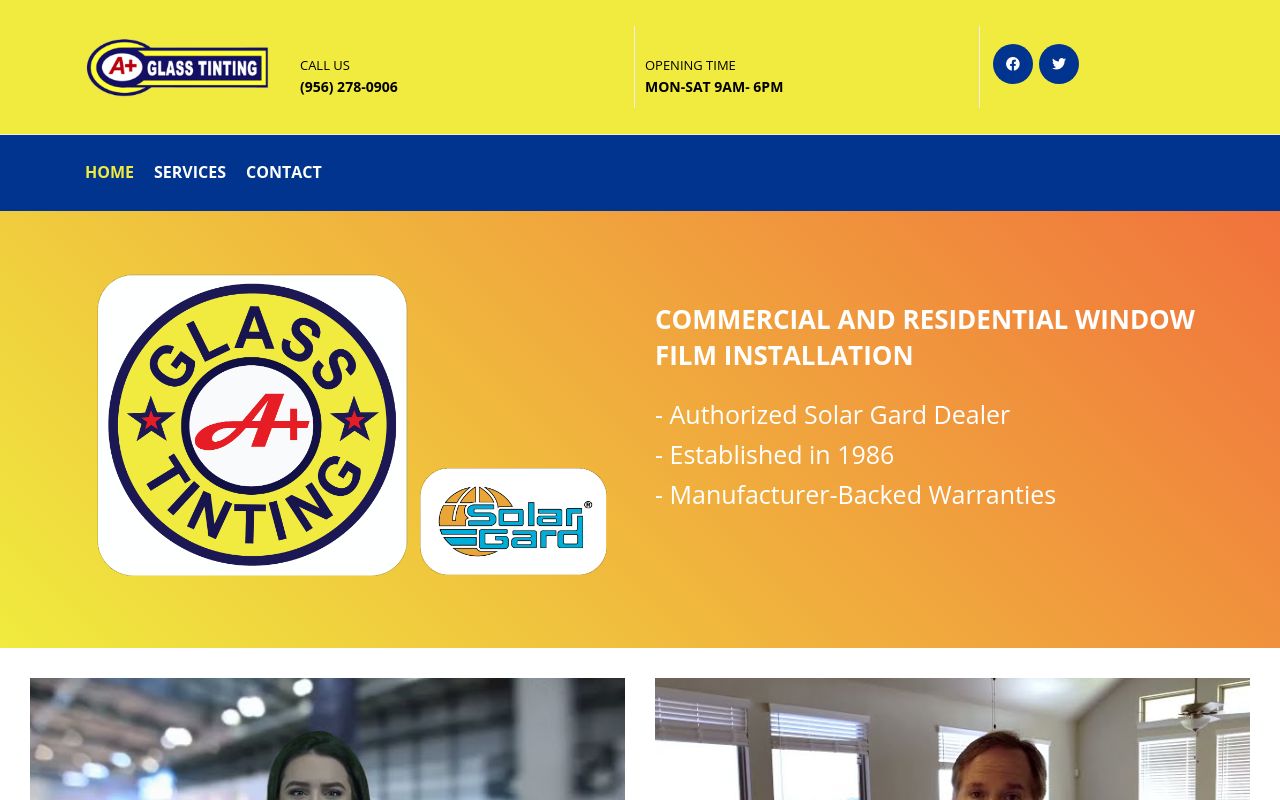 Homepage of A+ Glass Tinting's website