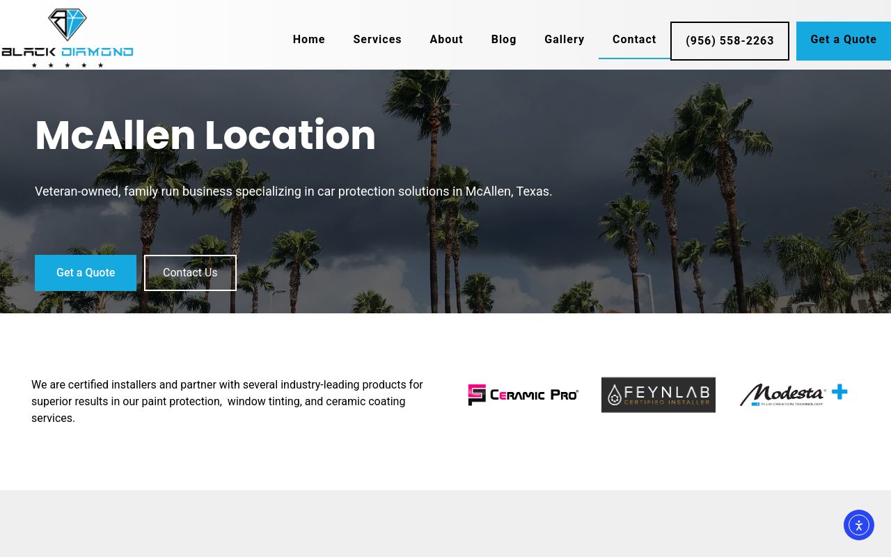 Homepage of Black Diamond PPF & Tint - McAllen's website