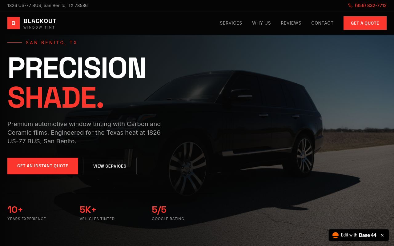 Homepage of Blackout Window Tint's website