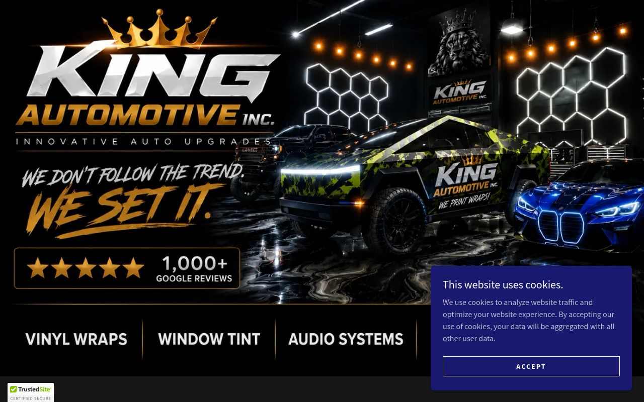 Homepage of King Automotive Tint, Wraps, & Audio's website