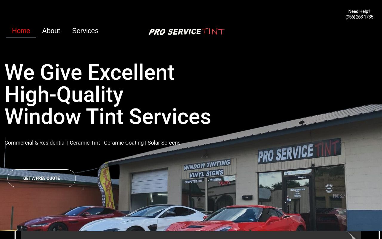 Homepage of Pro Service Tint's website