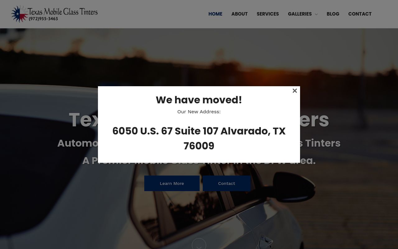 Homepage of Texas Mobile Glass Tinters's website