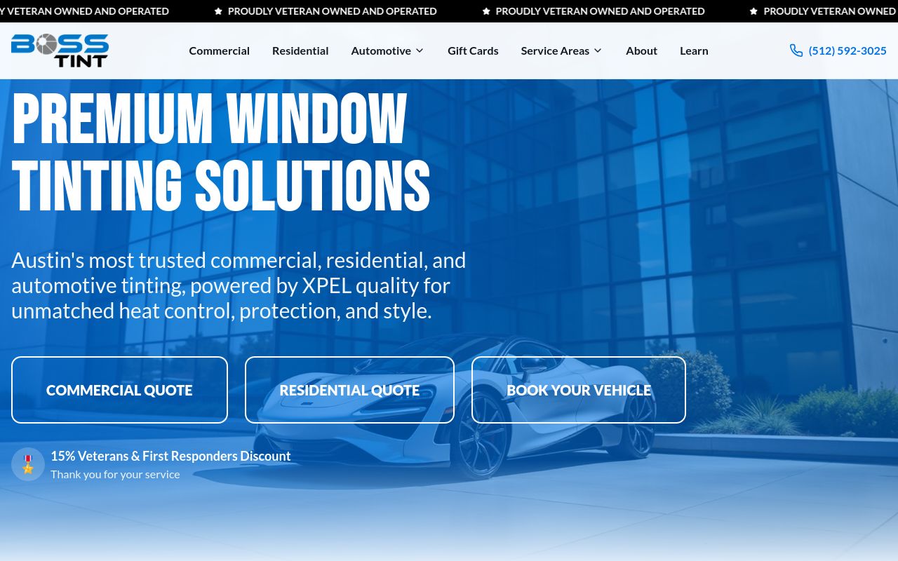 Homepage of Boss Tint's website