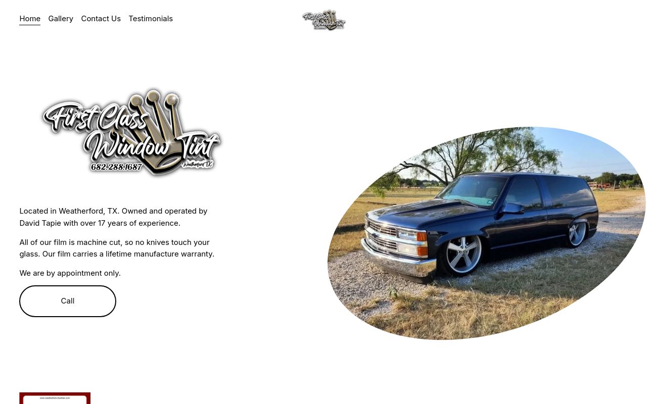 Homepage of First Class Window Tint's website
