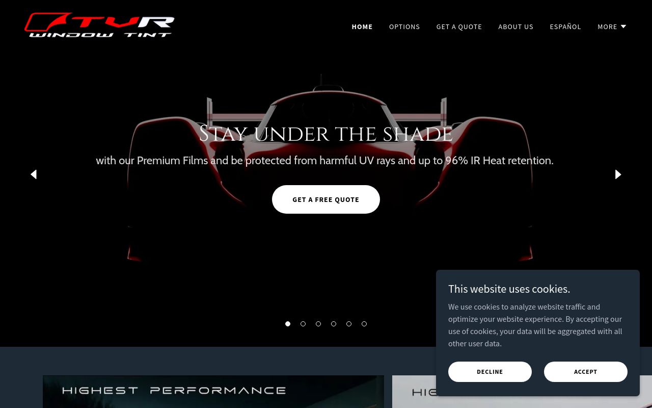Homepage of TVR Window Tint's website