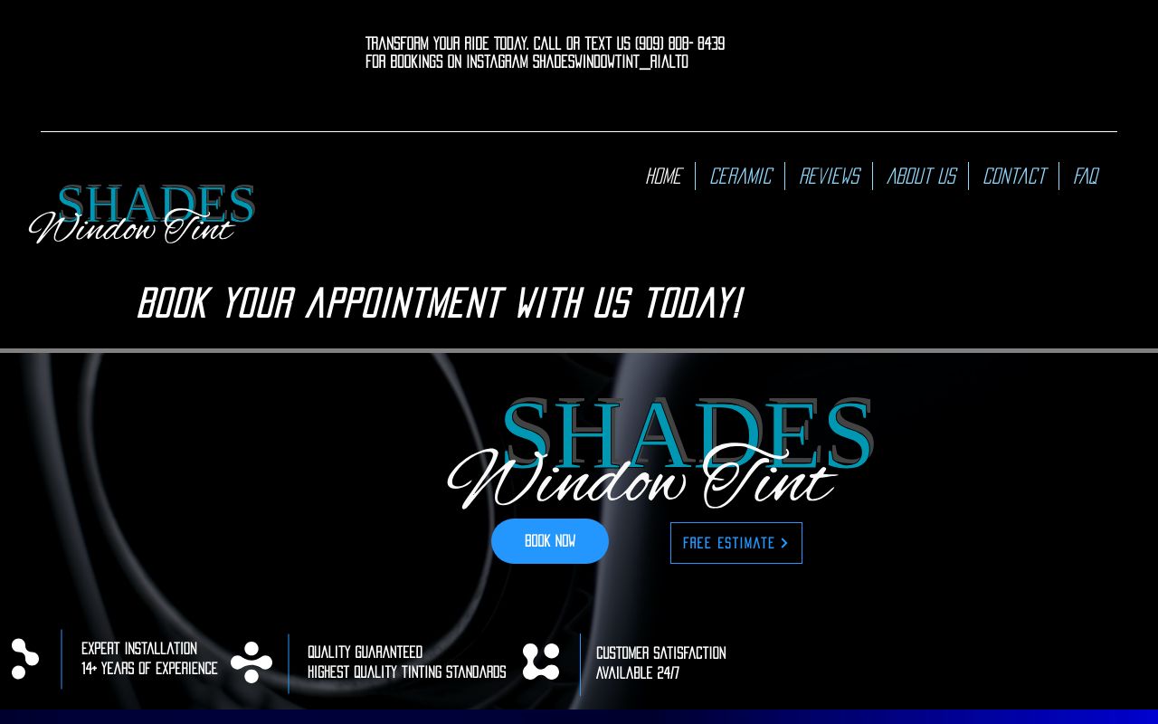 Homepage of Shades Window Tinting's website