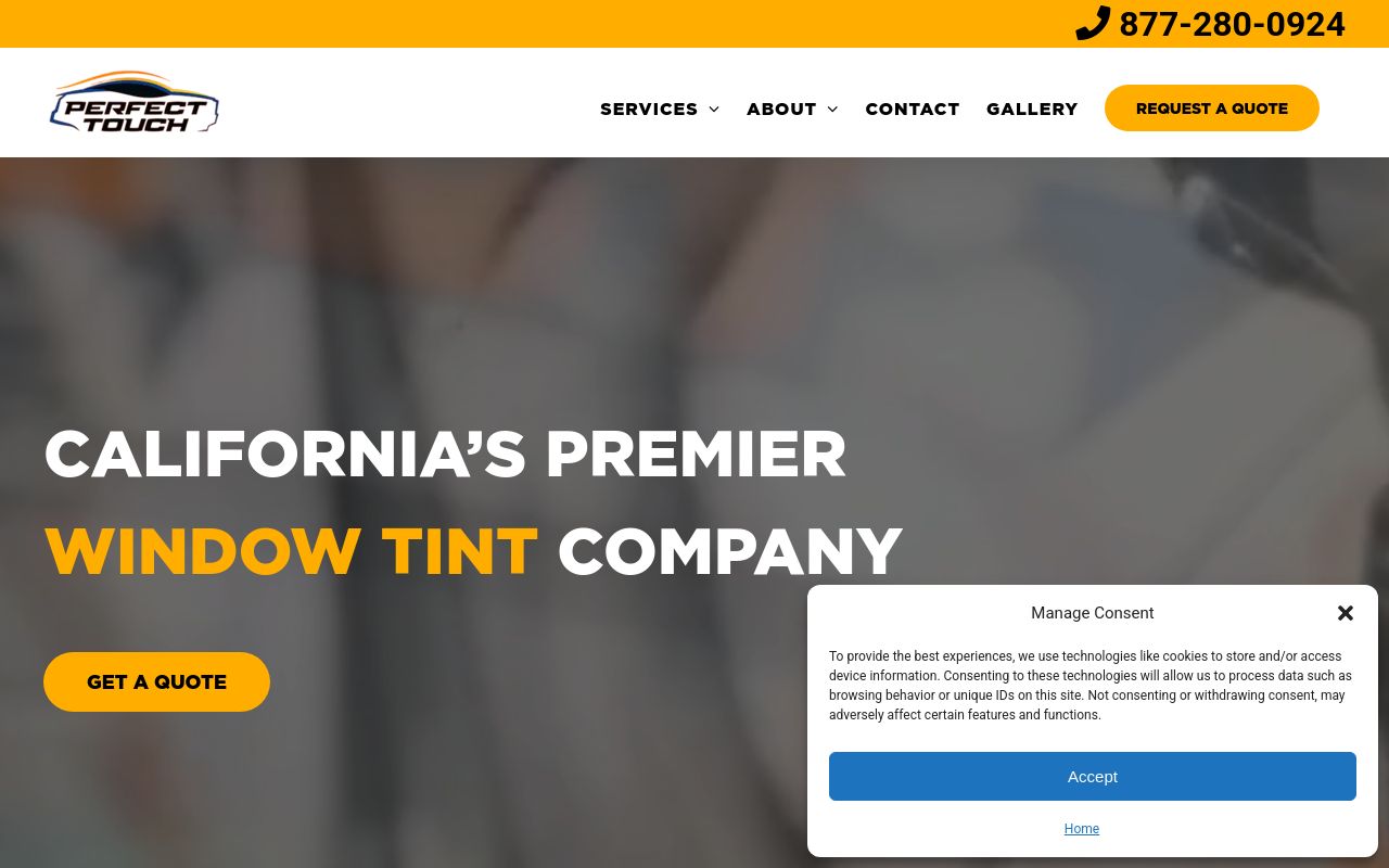 Homepage of Perfect Touch Window Tint's website
