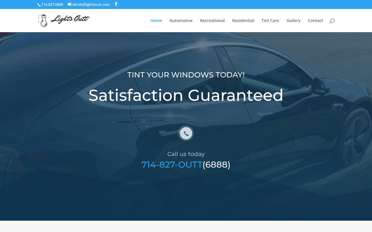 Homepage of Lights Outt Window Tinting's website