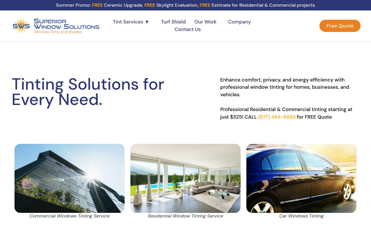 Homepage of SWS Window Tinting's website