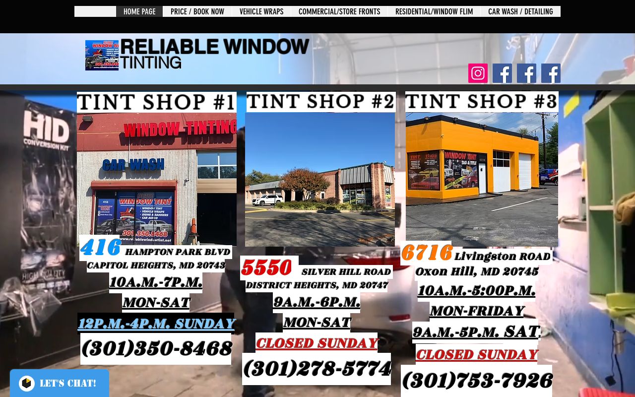 Homepage of Reliable Window Tint's website