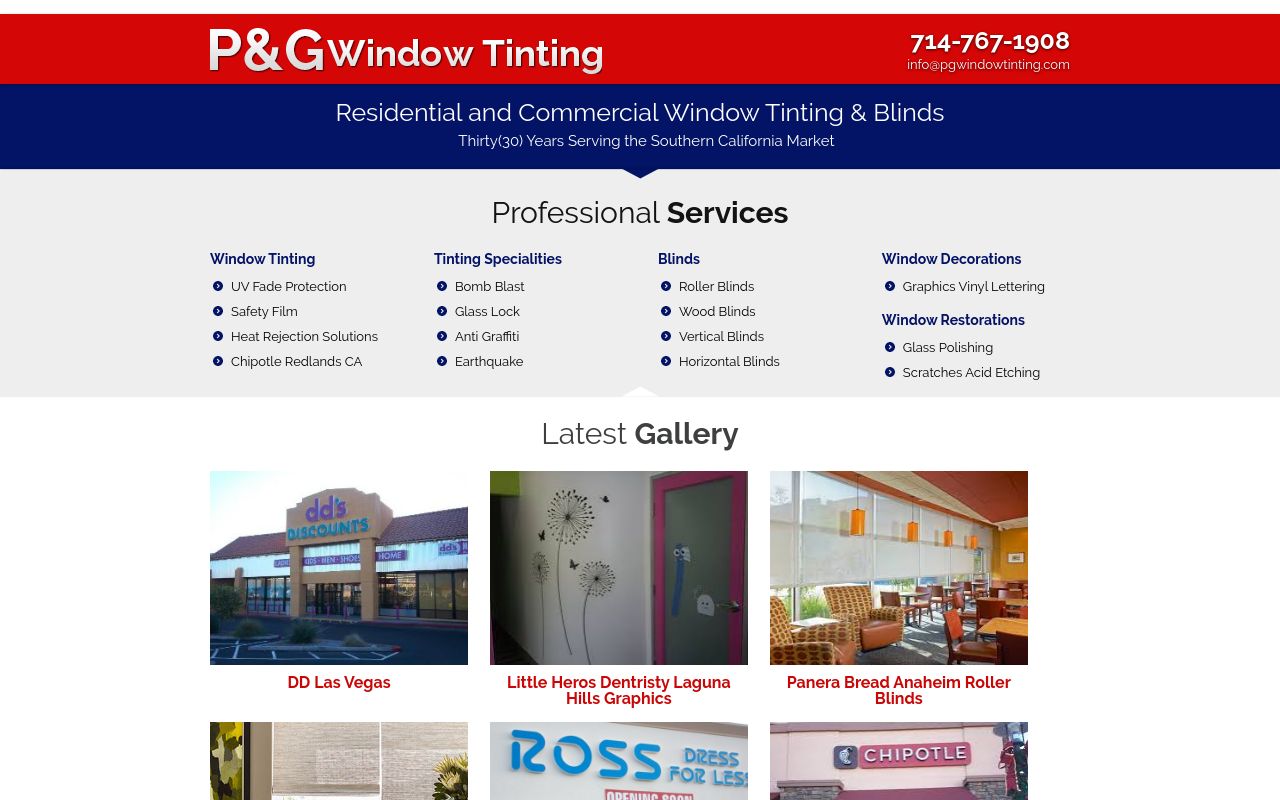 Homepage of P & G Window Tinting's website