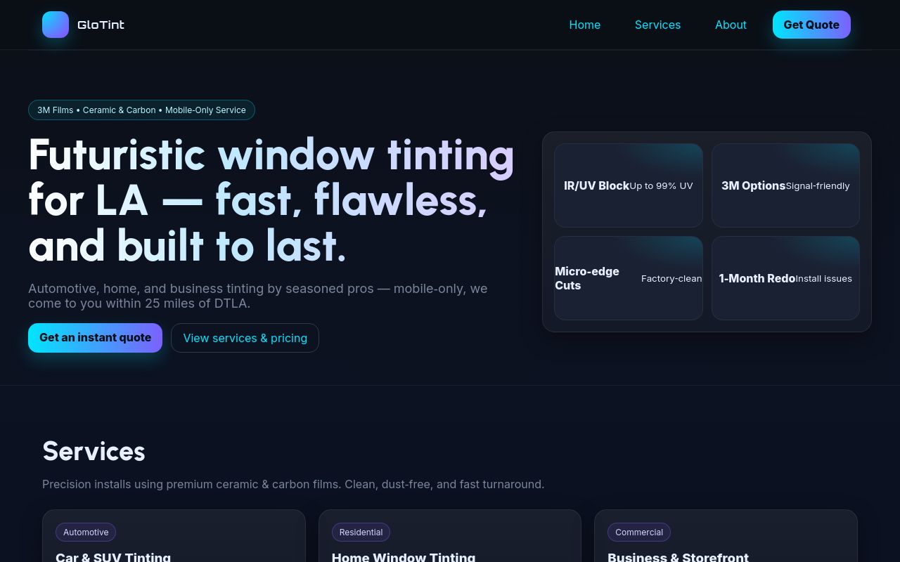 Homepage of Glo Tint's website
