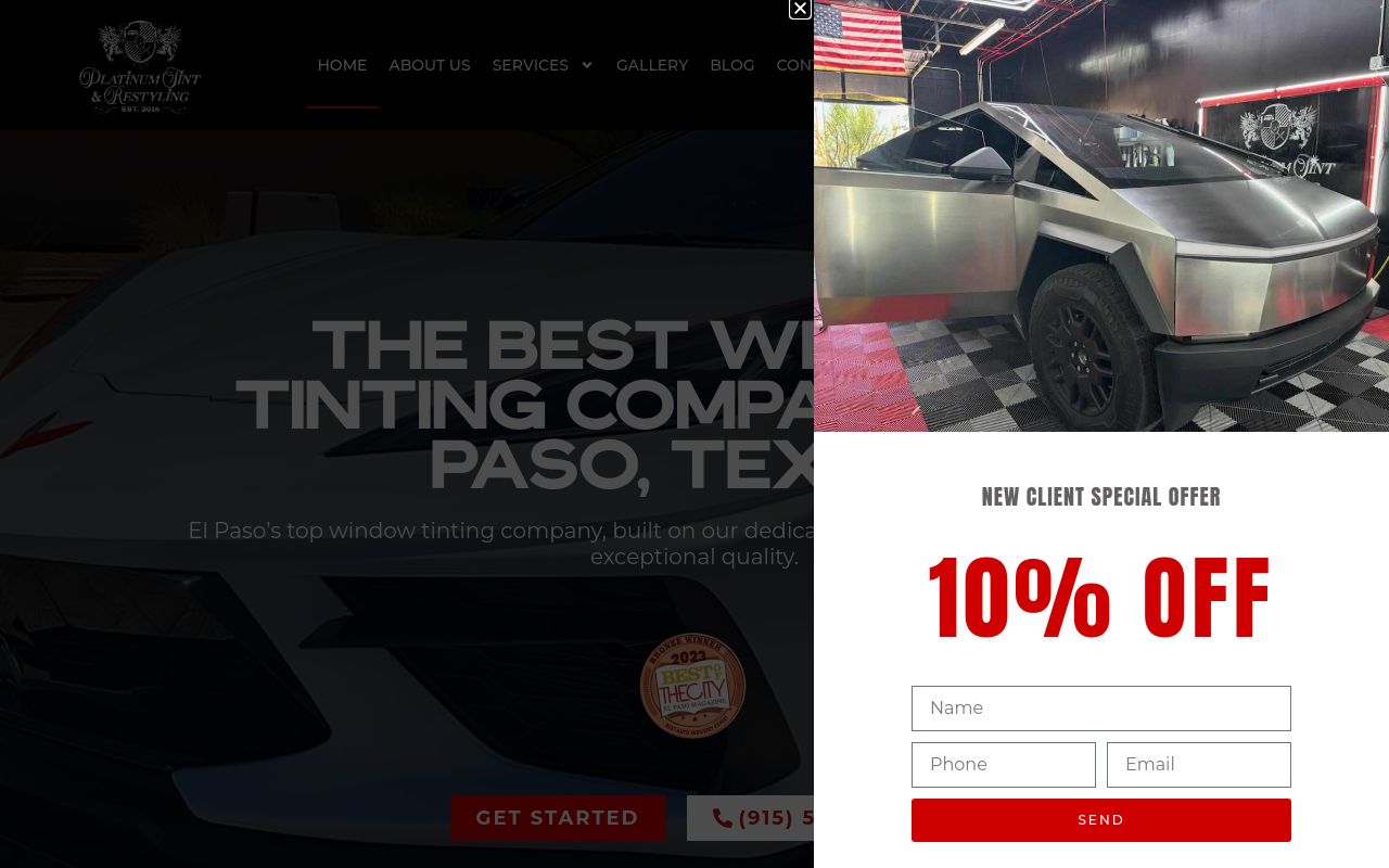 Homepage of Platinum Tint & Restyling's website