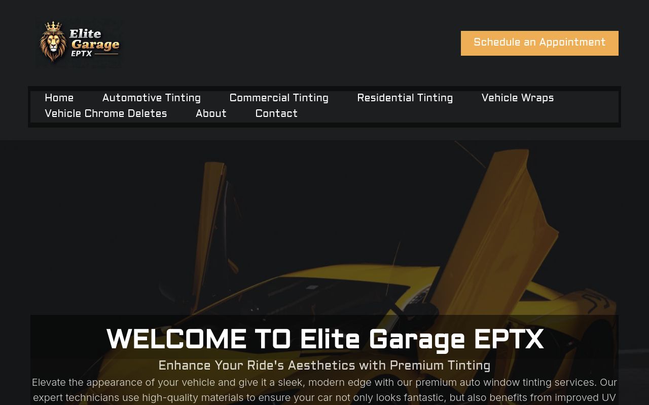 Homepage of Elite Garage EPTX's website
