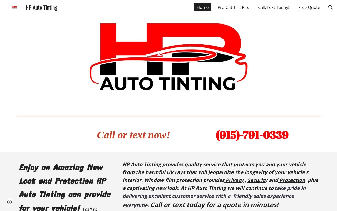 Homepage of HP Auto Tinting's website