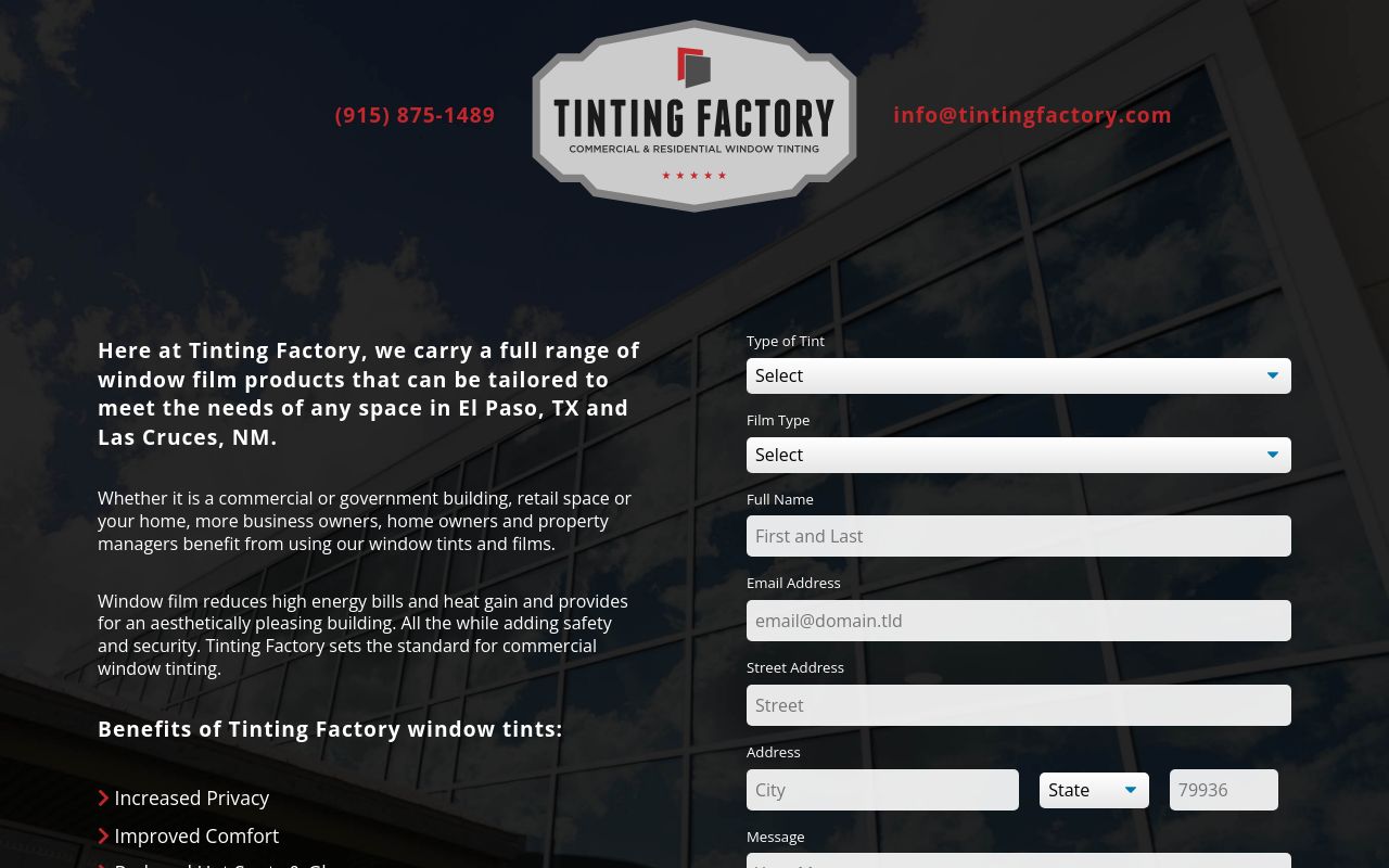 Homepage of Tinting Factory's website