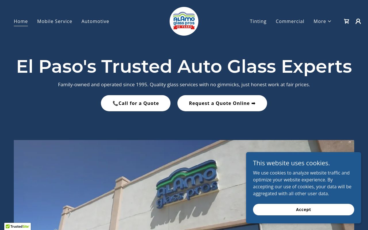 Homepage of Alamo Glass Pros's website