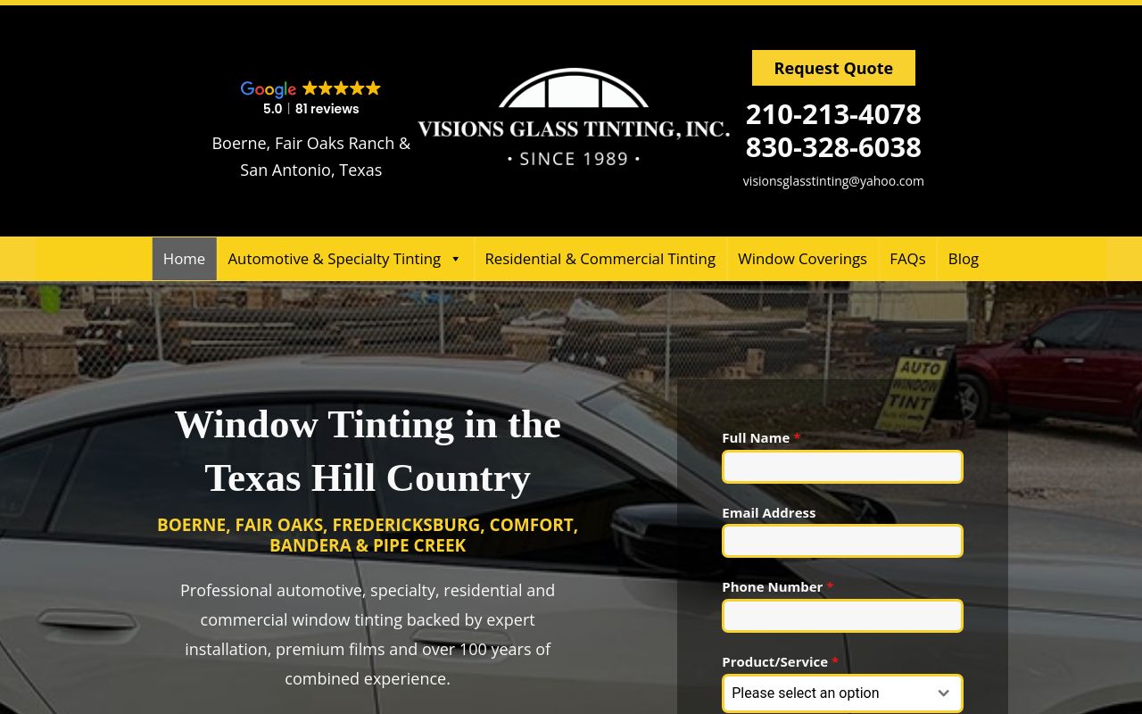 Homepage of Visions Glass Tinting, Inc.'s website