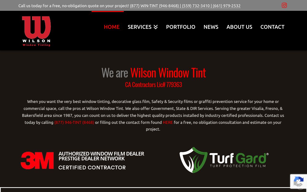 Homepage of Wilson Window Tint's website