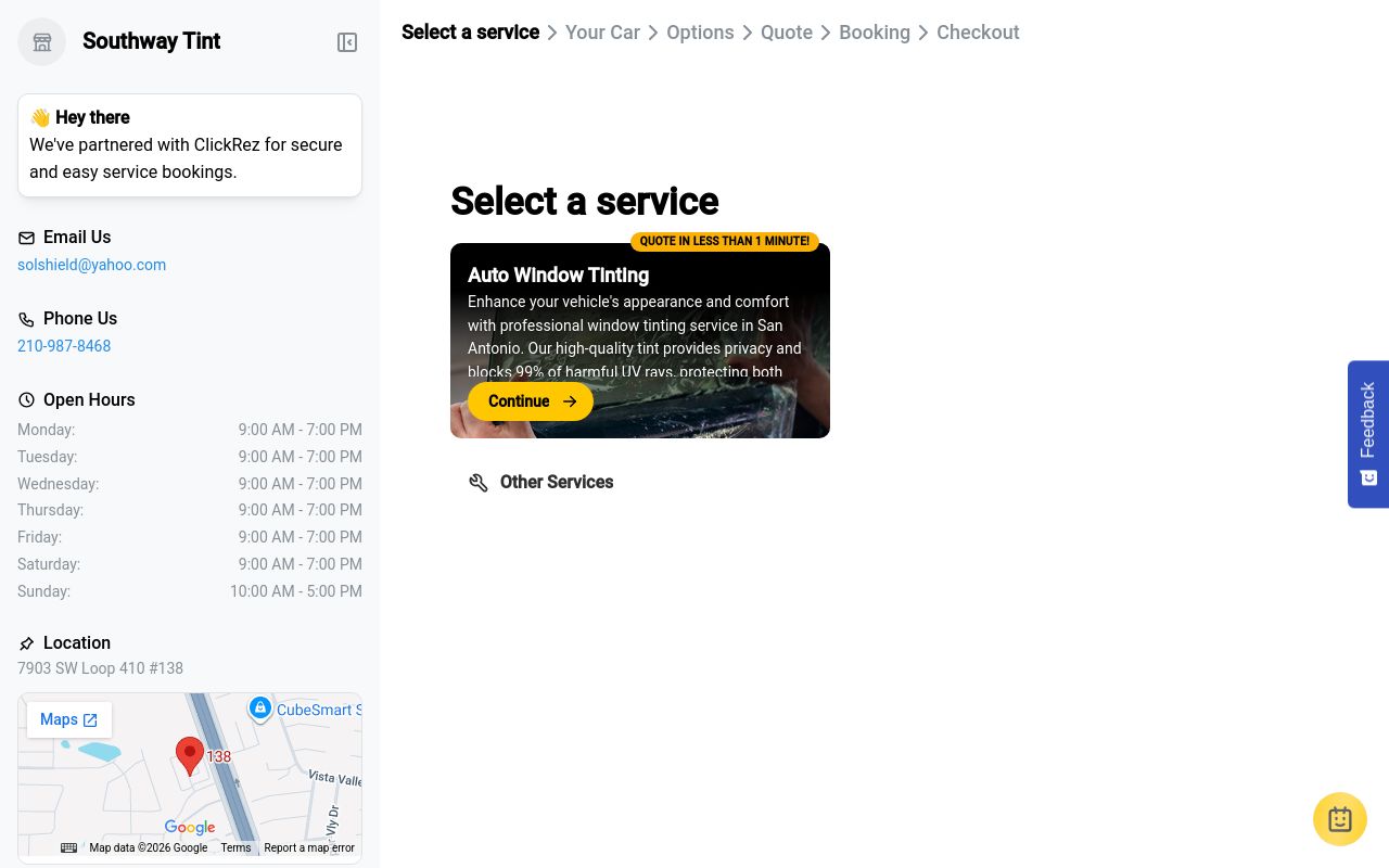 Homepage of Southway Tint's website