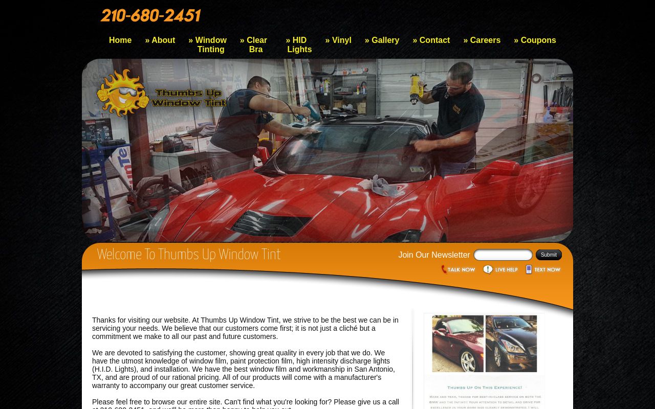 Homepage of Thumbs Up Window Tint, LLC's website