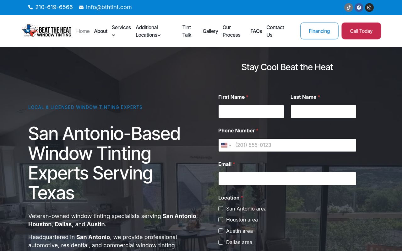 Homepage of Beat The Heat Window Tinting's website