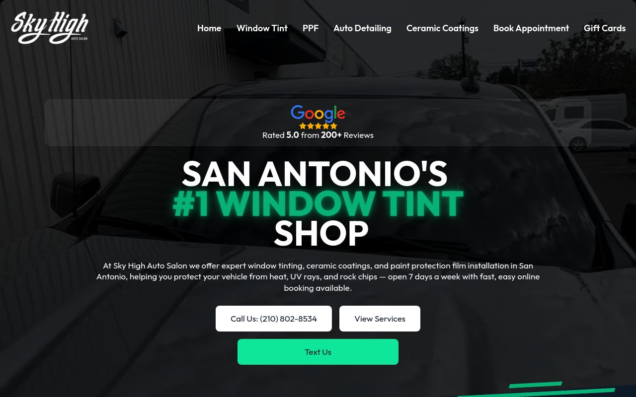 Homepage of Sky High Window Tint, PPF, Vehicle & Window Graphics's website