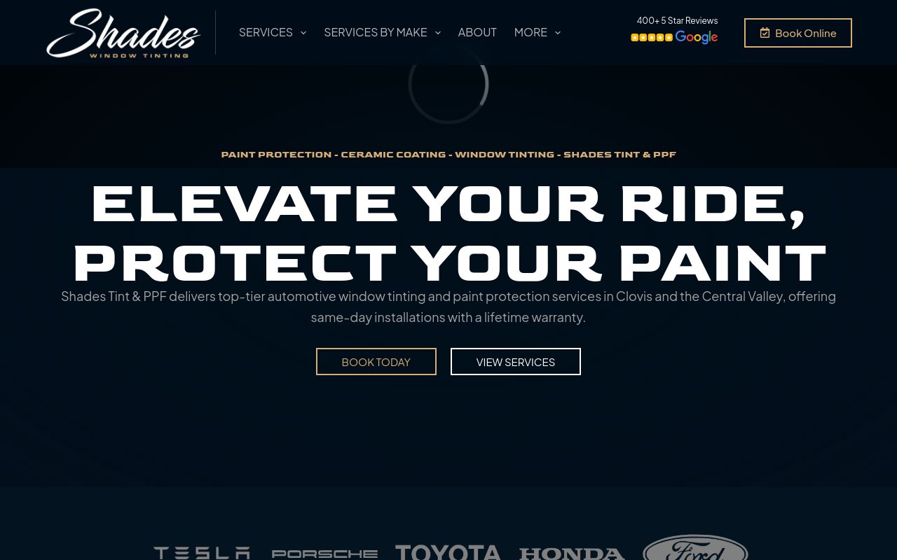 Homepage of Shades Window Tint & PPF's website