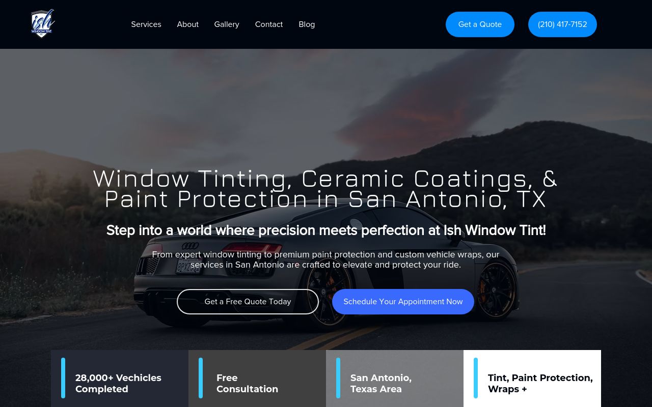 Homepage of Ish Window Tint's website