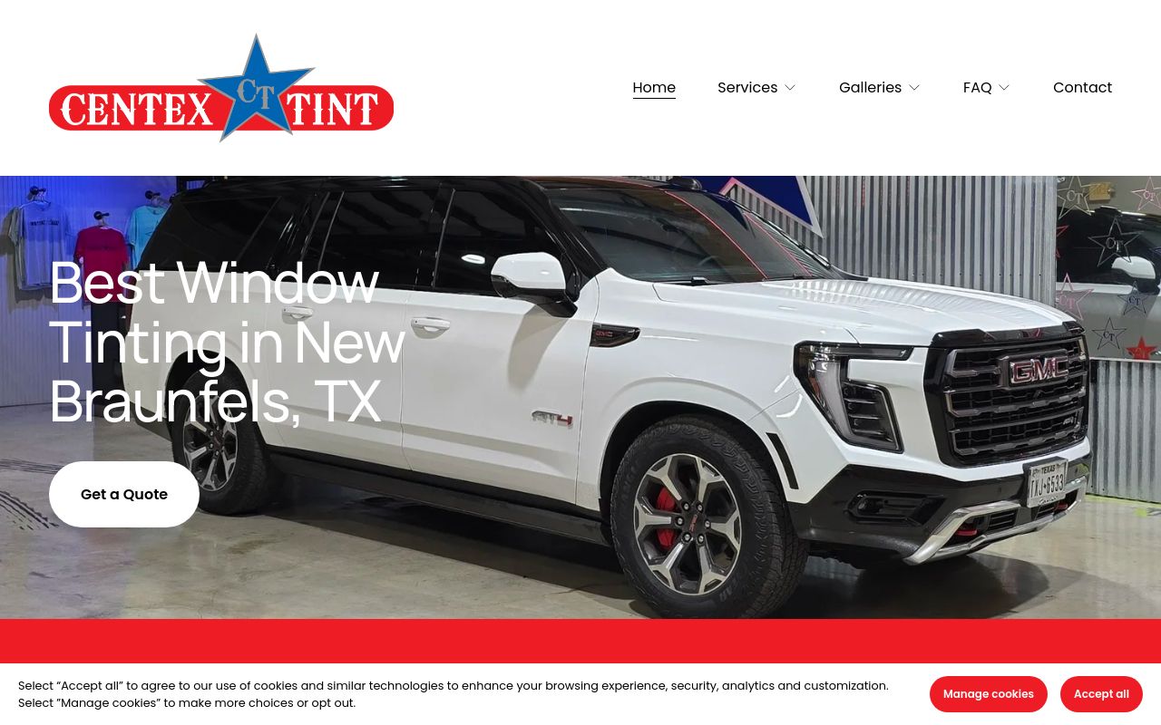 Homepage of CenTex Tint's website
