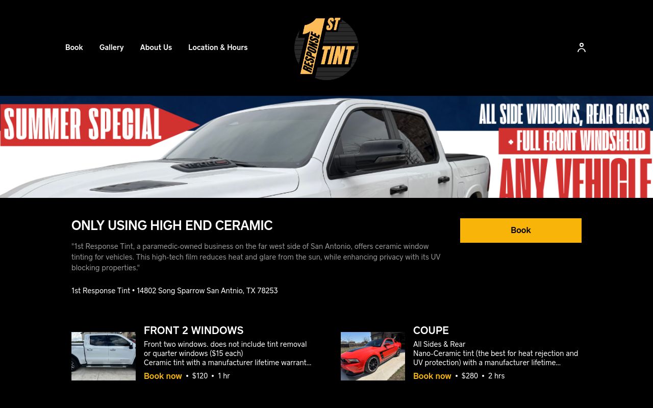 Homepage of 1st Response Tint's website
