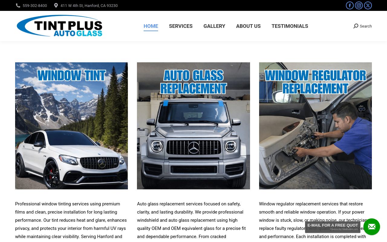 Homepage of Hanford Auto Glass Plus Tint's website
