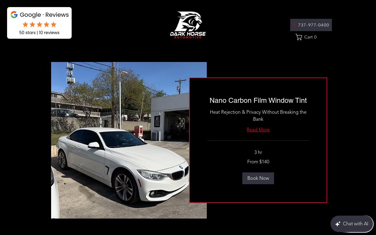 Homepage of Dark Horse Automotive's website
