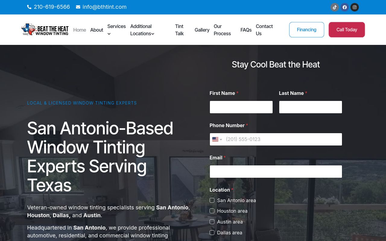 Homepage of Beat The Heat Window Tinting's website