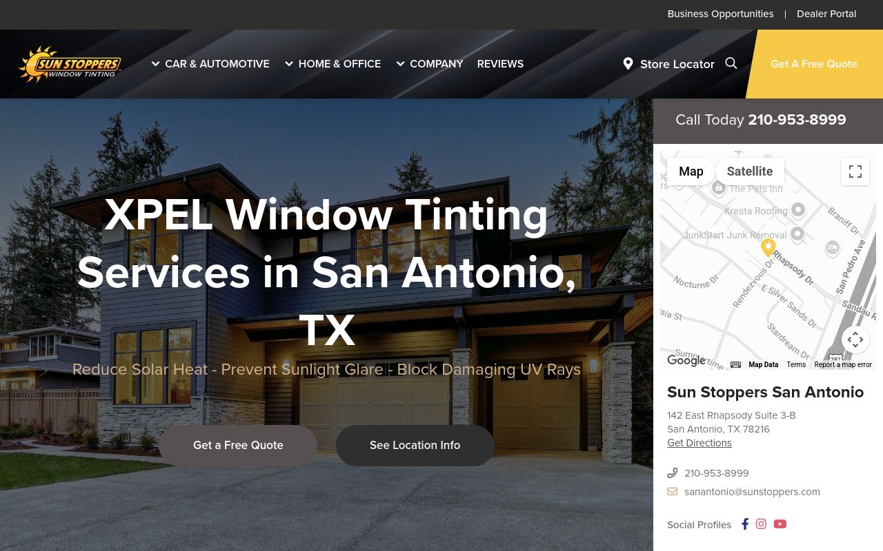 Homepage of Sun Stoppers of San Antonio's website