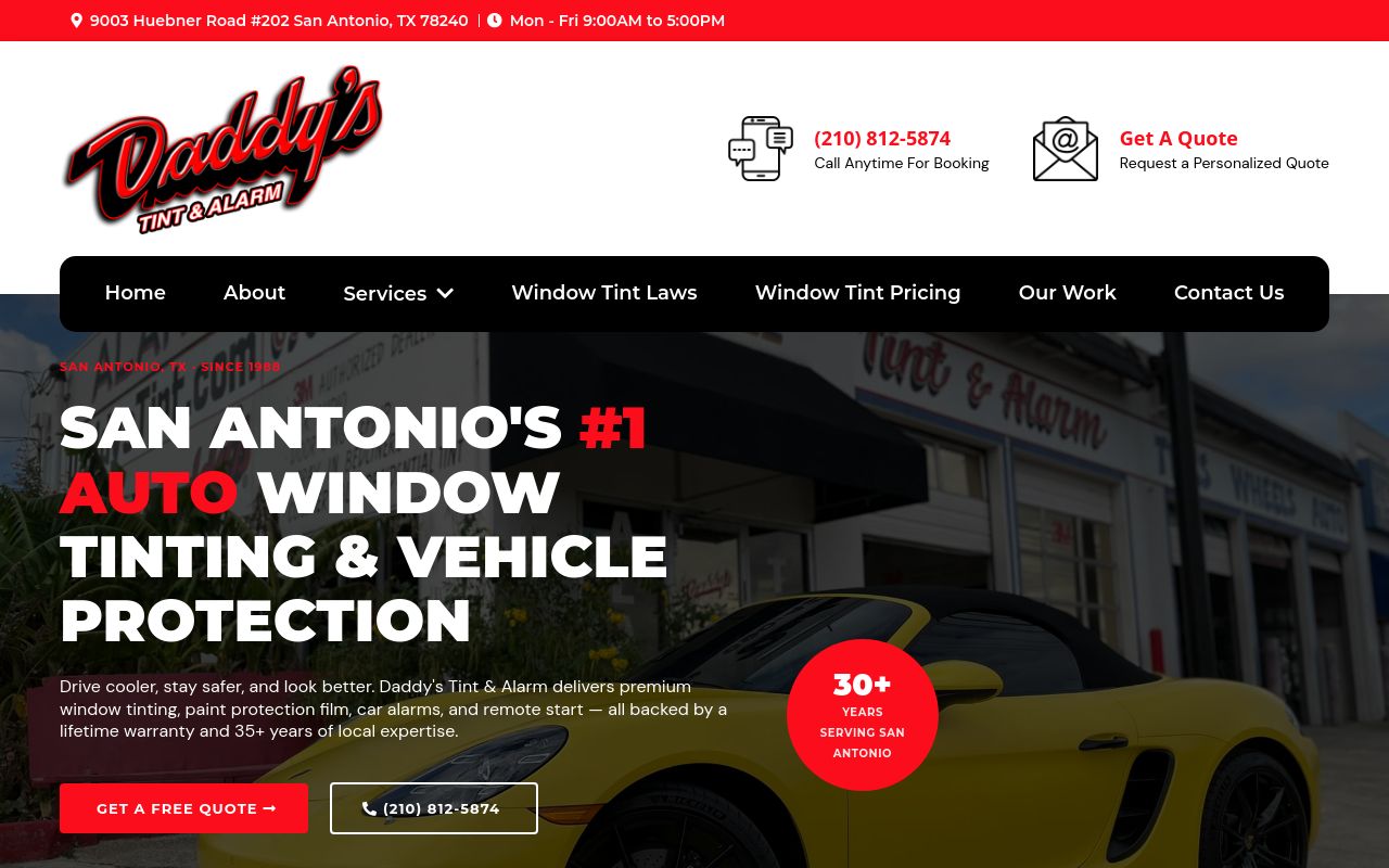 Homepage of Daddy's Tint and Alarm's website