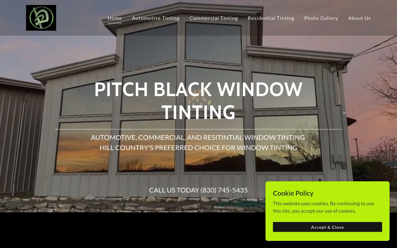 Homepage of Pitch Black Window Tinting LLC's website