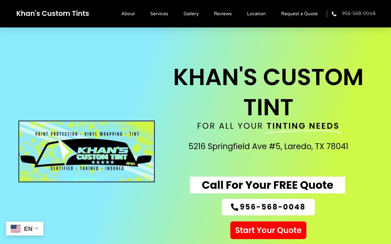 Homepage of Khan's Custom Tints's website