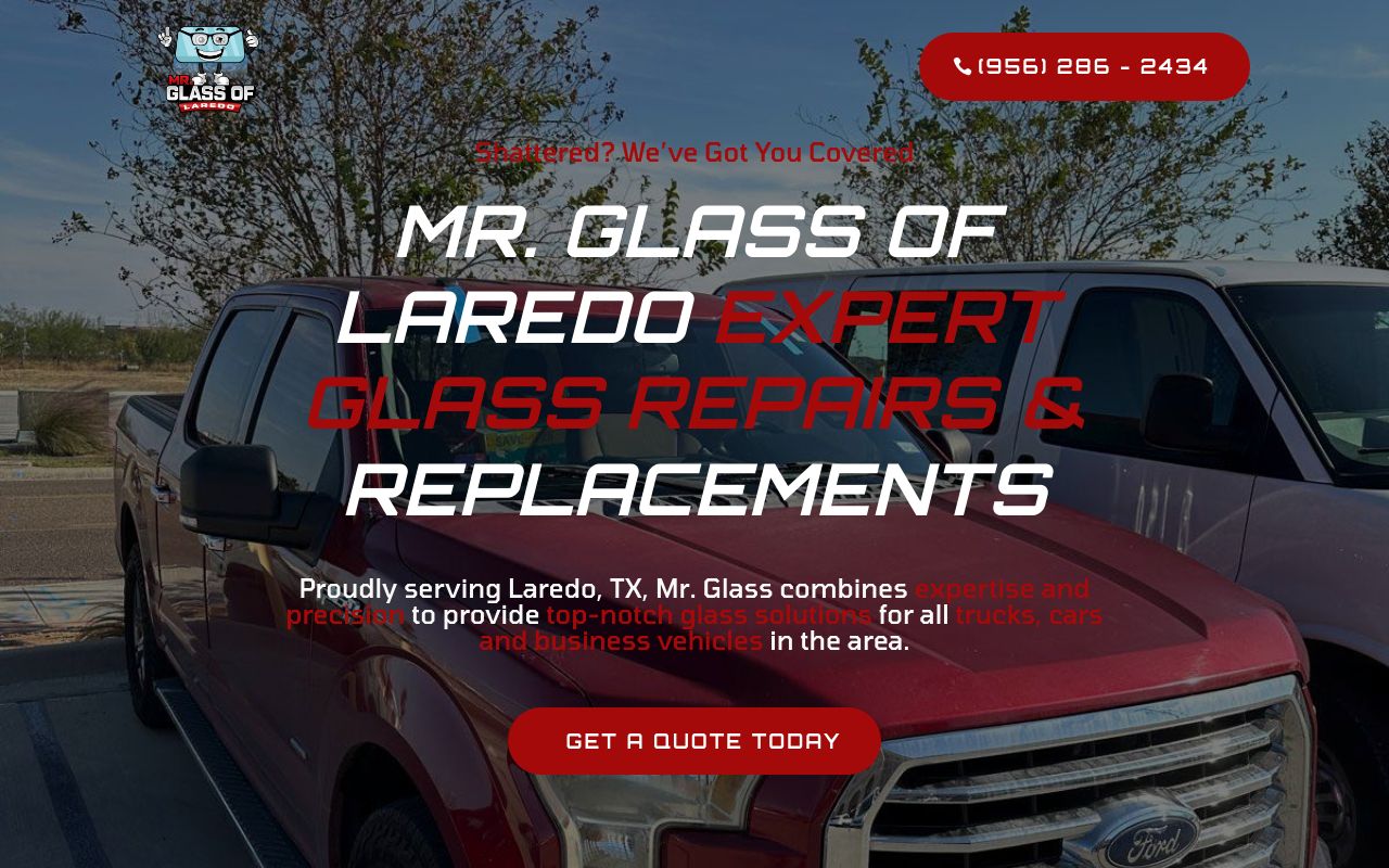 Homepage of Mr. Glass of Laredo Windshield Replacements, Insurance Claims, ADAS Calibrations, Auto Glass's website