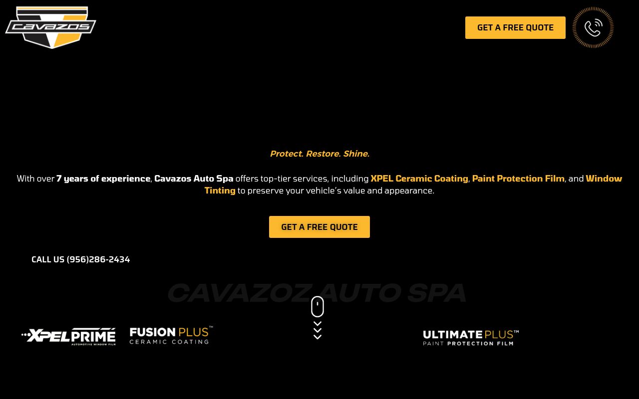 Homepage of Cavazos Auto Spa - Paint Protection Film, Ceramic Coatings & Window Tinting's website