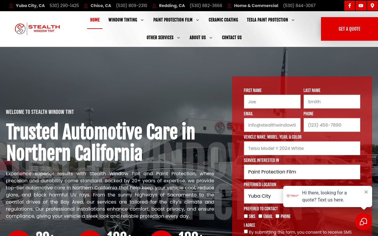 Homepage of Stealth Window Tint In Chico's website