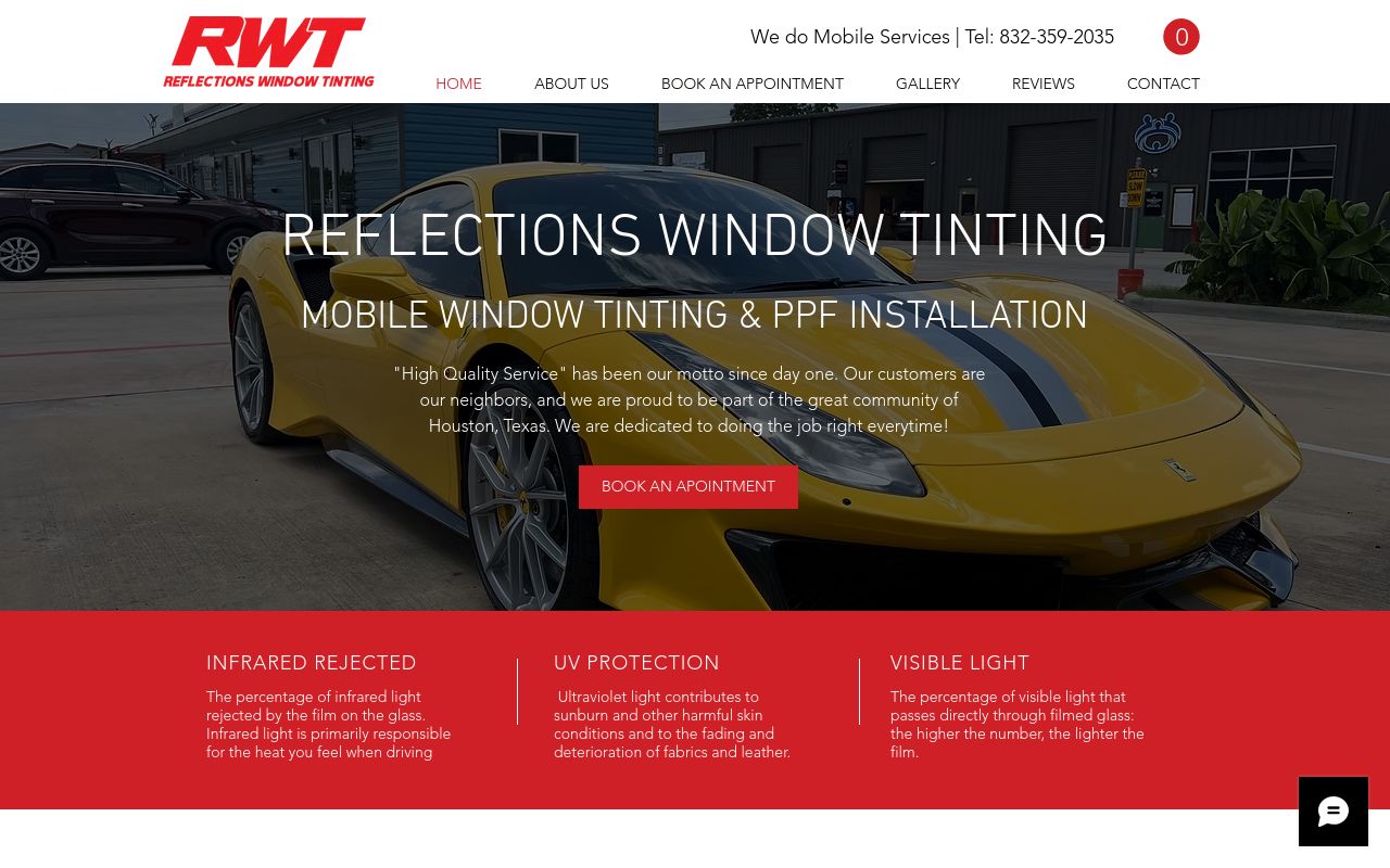 Homepage of Reflections Window Tinting's website