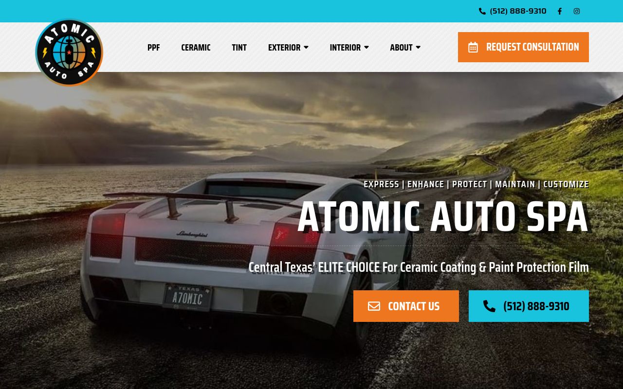 Homepage of Atomic Auto Spa Round Rock | Tint, Ceramic & PPF's website