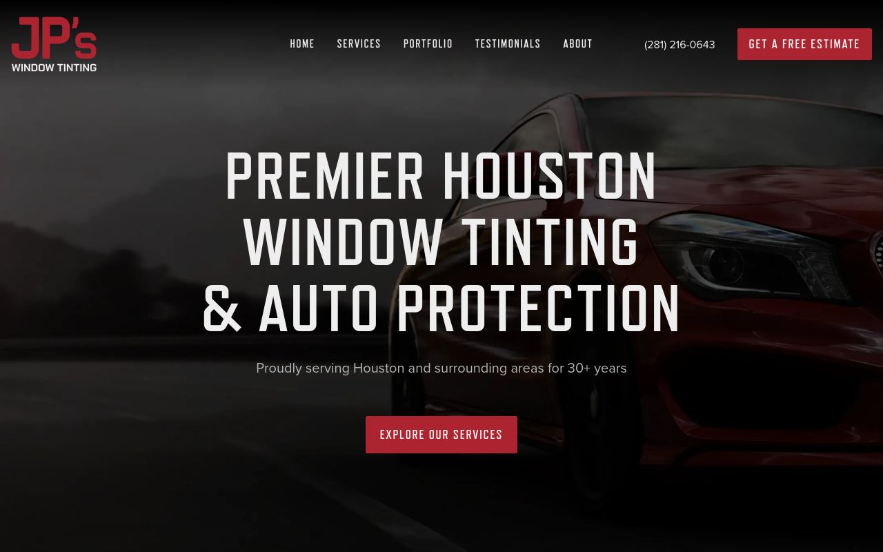Homepage of JP's Window Tinting's website