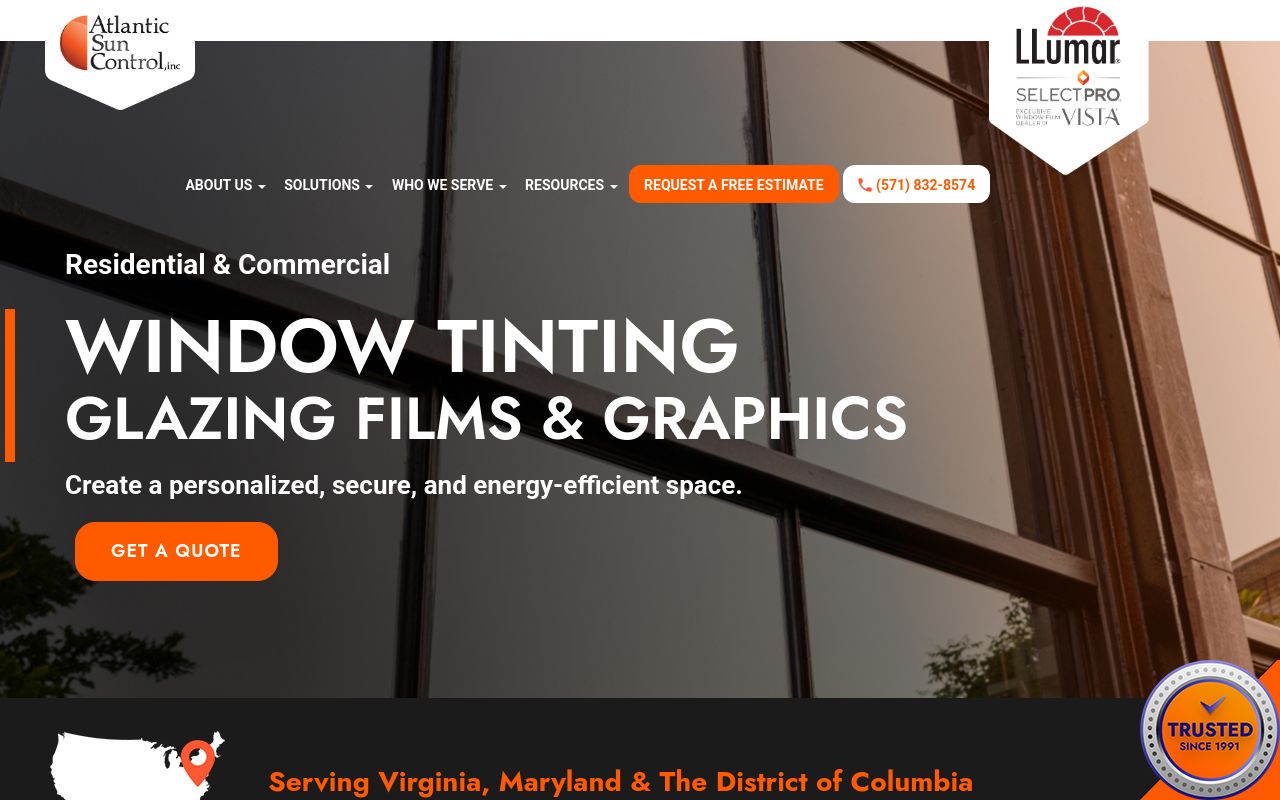 Homepage of Atlantic Sun Control & Window Tinting, Inc's website