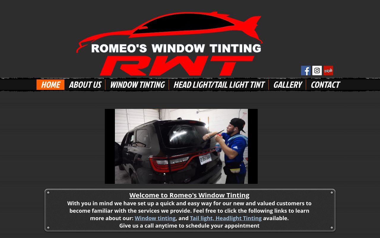 Homepage of Romeo's Window Tinting's website