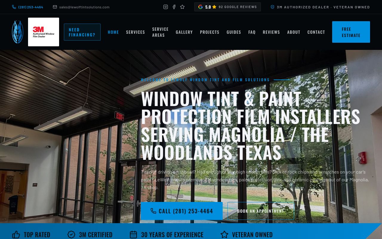 Homepage of Lewolf Window Tint and Film Solutions's website