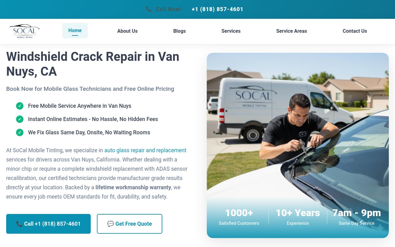 Homepage of SoCal Mobile Tinting's website